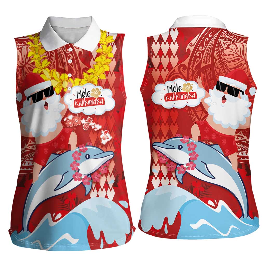 Hawaiian Mele Kalikimaka Women Sleeveless Polo Shirt Funny Santa Riding Lei Dolphin with Kakau Tattoos LT03 - Polynesian Pride