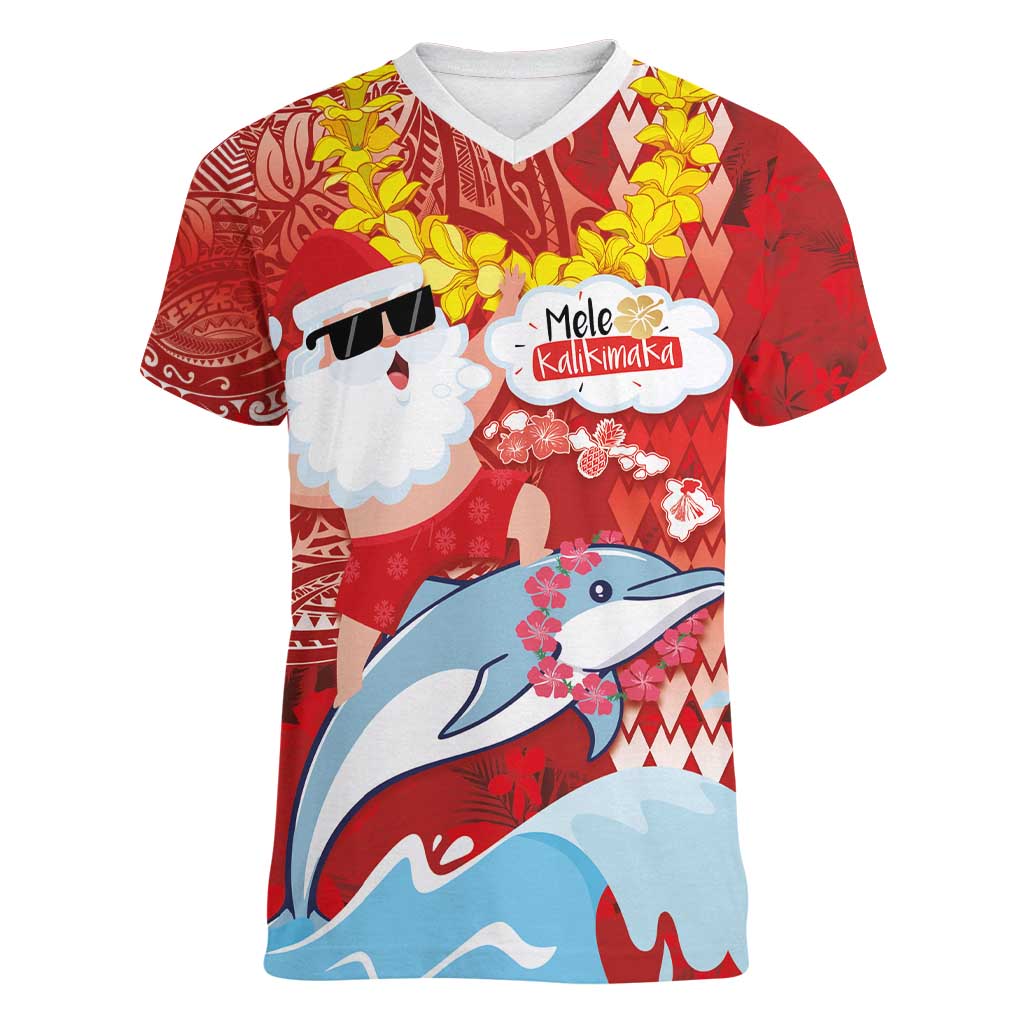 Hawaiian Mele Kalikimaka Women V-Neck T-Shirt Funny Santa Riding Lei Dolphin with Kakau Tattoos LT03 Female Red - Polynesian Pride