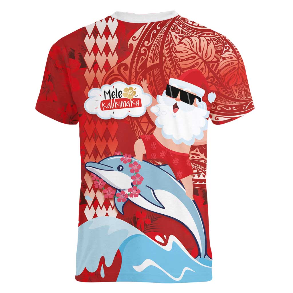 Hawaiian Mele Kalikimaka Women V-Neck T-Shirt Funny Santa Riding Lei Dolphin with Kakau Tattoos LT03 - Polynesian Pride