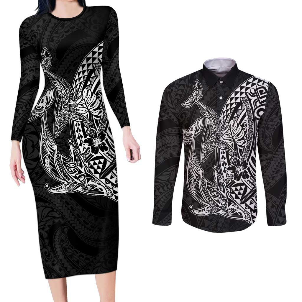 Hawaiian Whales Polynesian Art Motifs Couples Matching Long Sleeve Bodycon Dress and Long Sleeve Button Shirt Black Color LT03 Black - Polynesian Pride