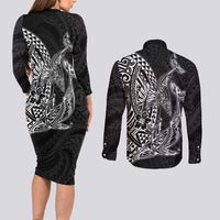 Hawaiian Whales Polynesian Art Motifs Couples Matching Long Sleeve Bodycon Dress and Long Sleeve Button Shirt Black Color LT03 - Polynesian Pride