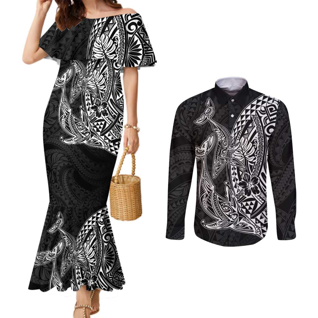 Hawaiian Whales Polynesian Art Motifs Couples Matching Mermaid Dress and Long Sleeve Button Shirt Black Color - Polynesian Pride