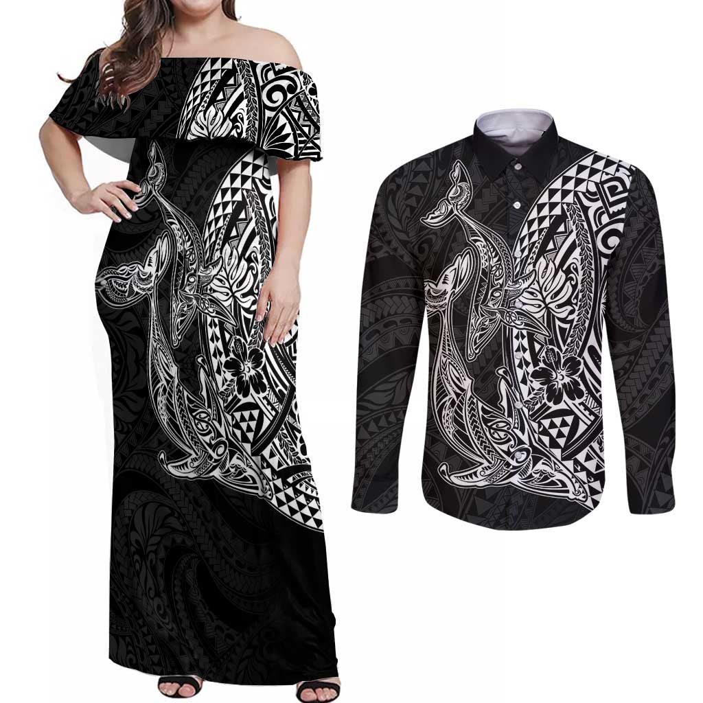 Hawaiian Whales Polynesian Art Motifs Couples Matching Off Shoulder Maxi Dress and Long Sleeve Button Shirt Black Color LT03 Black - Polynesian Pride