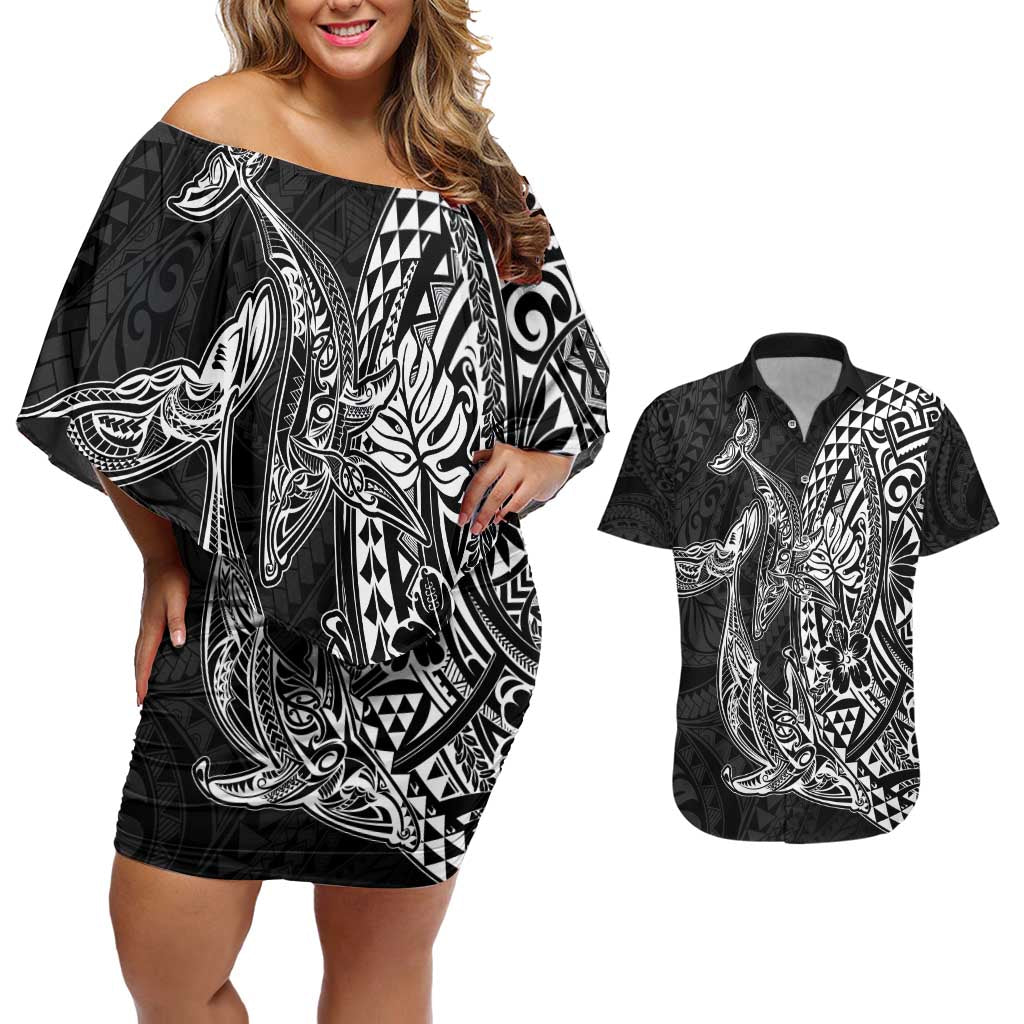 Hawaiian Whales Polynesian Art Motifs Couples Matching Off Shoulder Short Dress and Hawaiian Shirt Black Color LT03 Black - Polynesian Pride