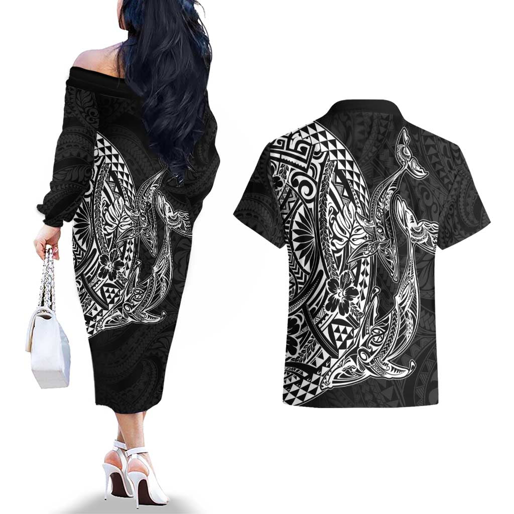 Hawaiian Whales Polynesian Art Motifs Couples Matching Off The Shoulder Long Sleeve Dress and Hawaiian Shirt Black Color LT03 - Polynesian Pride
