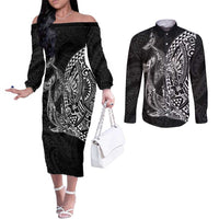 Hawaiian Whales Polynesian Art Motifs Couples Matching Off The Shoulder Long Sleeve Dress and Long Sleeve Button Shirt Black Color LT03 Black - Polynesian Pride