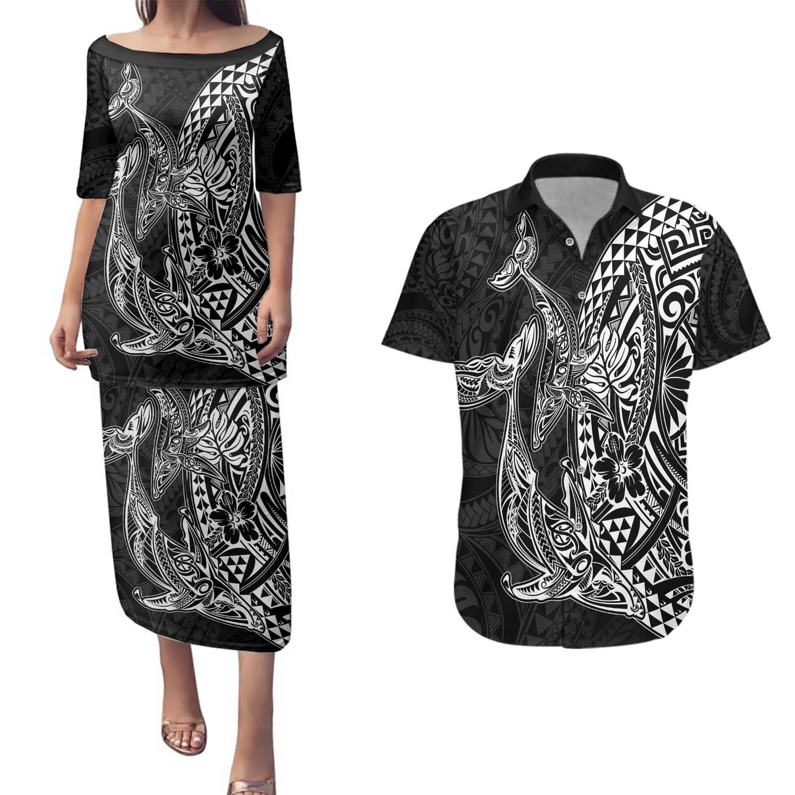 Hawaiian Whales Polynesian Art Motifs Couples Matching Puletasi and Hawaiian Shirt Black Color - Polynesian Pride