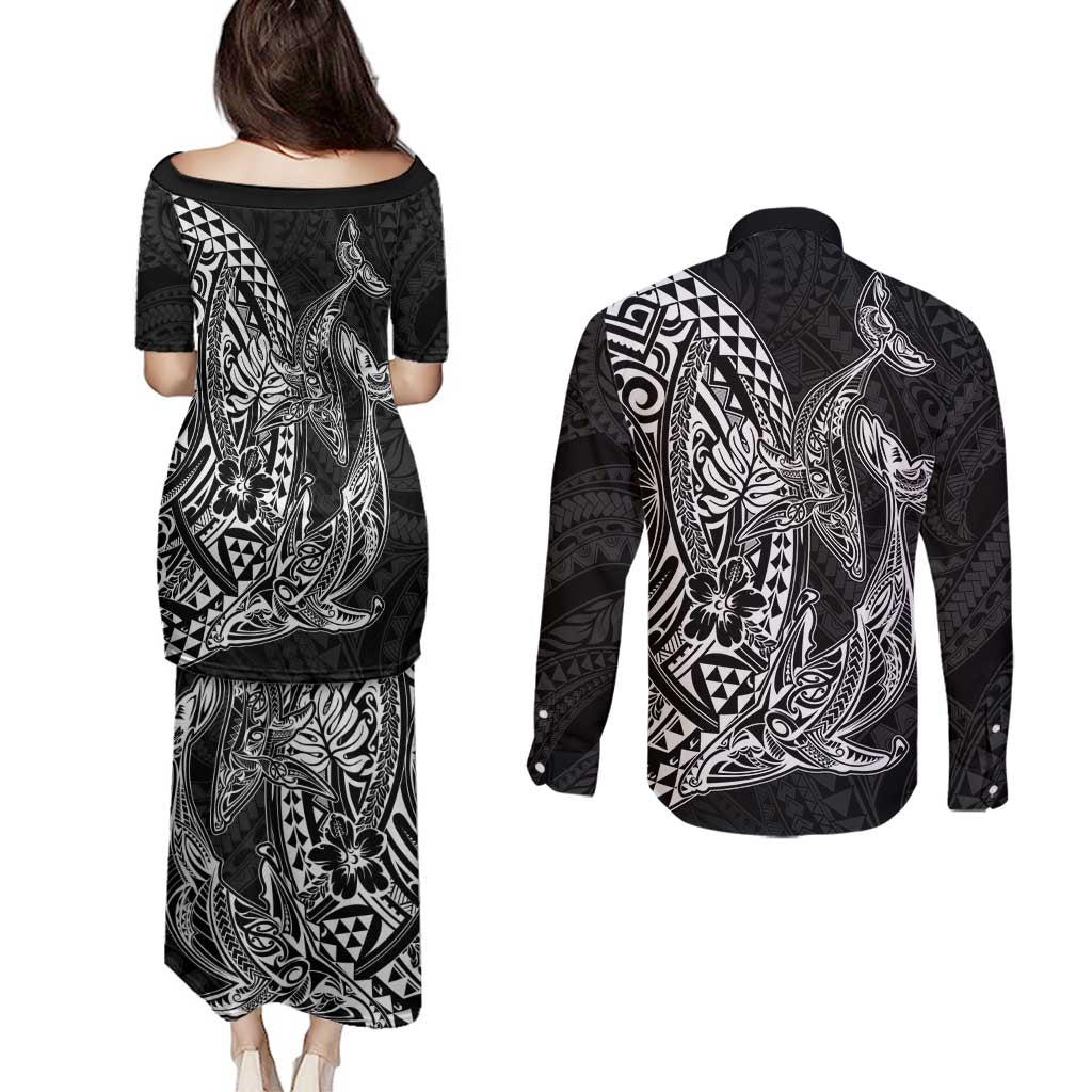 Hawaiian Whales Polynesian Art Motifs Couples Matching Puletasi and Long Sleeve Button Shirt Black Color - Polynesian Pride
