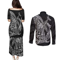 Hawaiian Whales Polynesian Art Motifs Couples Matching Puletasi and Long Sleeve Button Shirt Black Color - Polynesian Pride