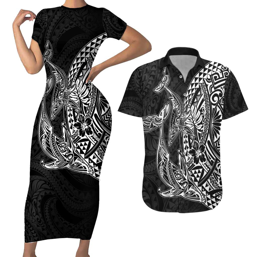 Hawaiian Whales Polynesian Art Motifs Couples Matching Short Sleeve Bodycon Dress and Hawaiian Shirt Black Color LT03 Black - Polynesian Pride