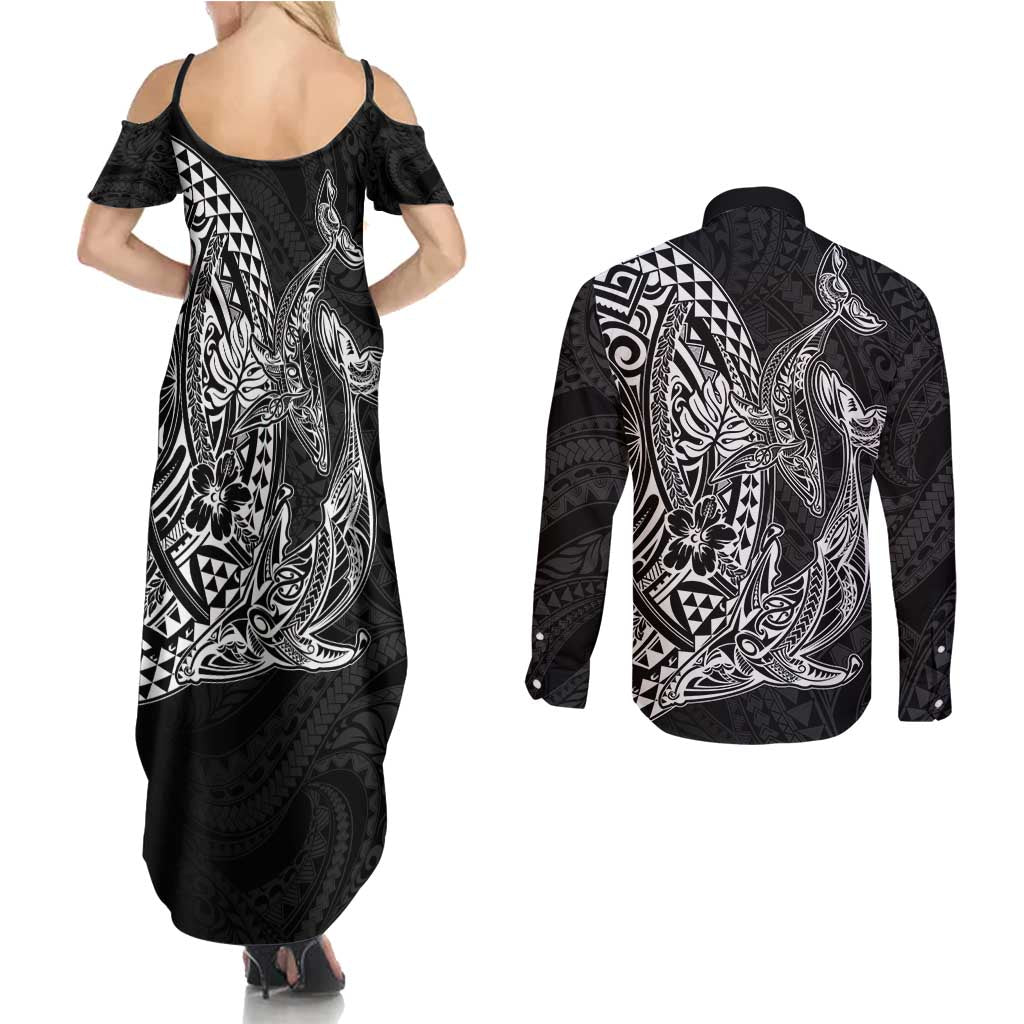 Hawaiian Whales Polynesian Art Motifs Couples Matching Summer Maxi Dress and Long Sleeve Button Shirt Black Color - Polynesian Pride
