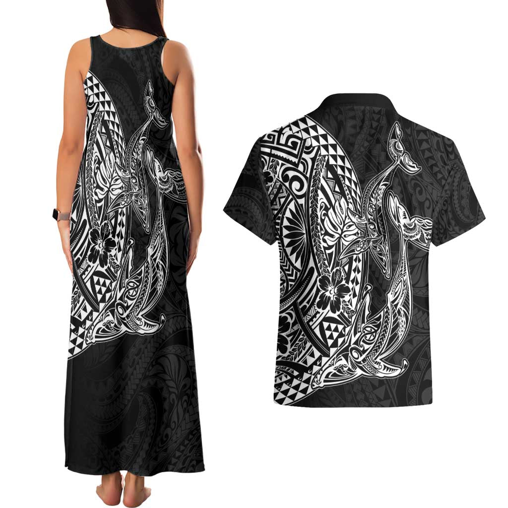 Hawaiian Whales Polynesian Art Motifs Couples Matching Tank Maxi Dress and Hawaiian Shirt Black Color LT03 - Polynesian Pride