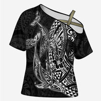 Hawaiian Whales Polynesian Art Motifs Cross Shoulder Shirt Black Color - Polynesian Pride