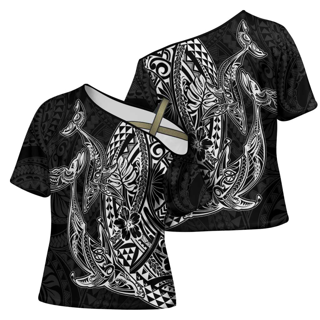 Hawaiian Whales Polynesian Art Motifs Cross Shoulder Shirt Black Color - Polynesian Pride
