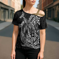 Hawaiian Whales Polynesian Art Motifs Cross Shoulder Shirt Black Color - Polynesian Pride