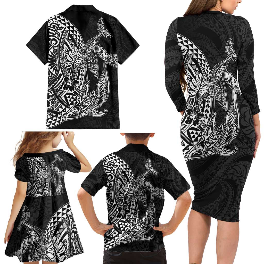 Hawaiian Whales Polynesian Art Motifs Family Matching Long Sleeve Bodycon Dress and Hawaiian Shirt Black Color LT03 - Polynesian Pride