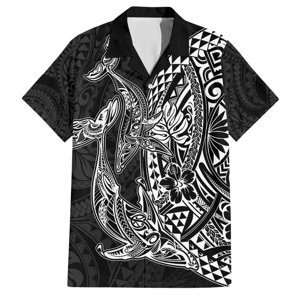 Hawaiian Whales Polynesian Art Motifs Family Matching Long Sleeve Bodycon Dress and Hawaiian Shirt Black Color LT03 Dad's Shirt - Short Sleeve Black - Polynesian Pride