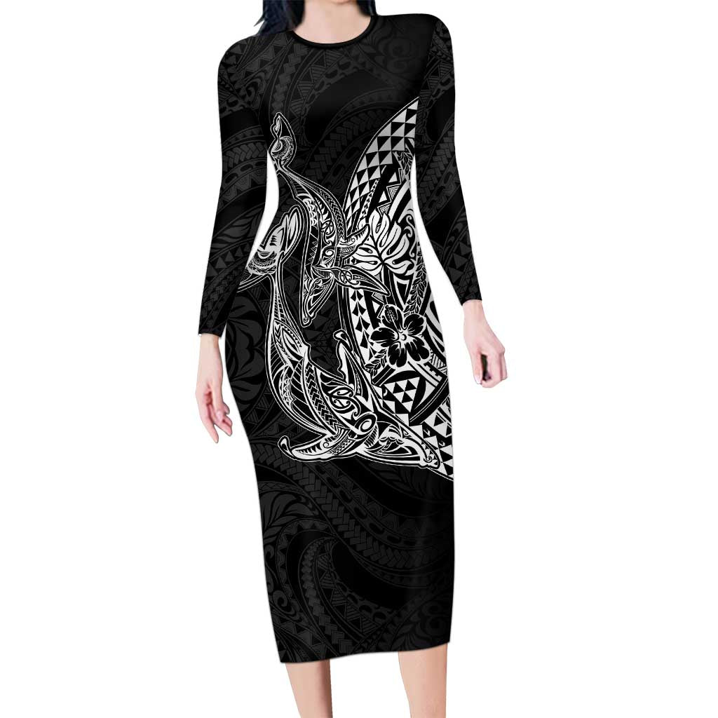 Hawaiian Whales Polynesian Art Motifs Family Matching Long Sleeve Bodycon Dress and Hawaiian Shirt Black Color LT03 Mom's Dress Black - Polynesian Pride