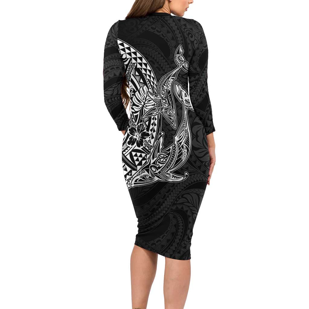 Hawaiian Whales Polynesian Art Motifs Family Matching Long Sleeve Bodycon Dress and Hawaiian Shirt Black Color LT03 - Polynesian Pride