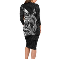 Hawaiian Whales Polynesian Art Motifs Family Matching Long Sleeve Bodycon Dress and Hawaiian Shirt Black Color LT03 - Polynesian Pride