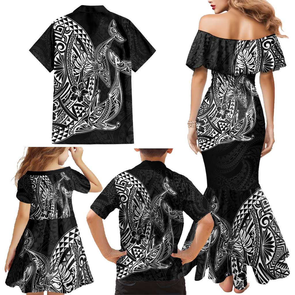 Hawaiian Whales Polynesian Art Motifs Family Matching Mermaid Dress and Hawaiian Shirt Black Color LT03 - Polynesian Pride