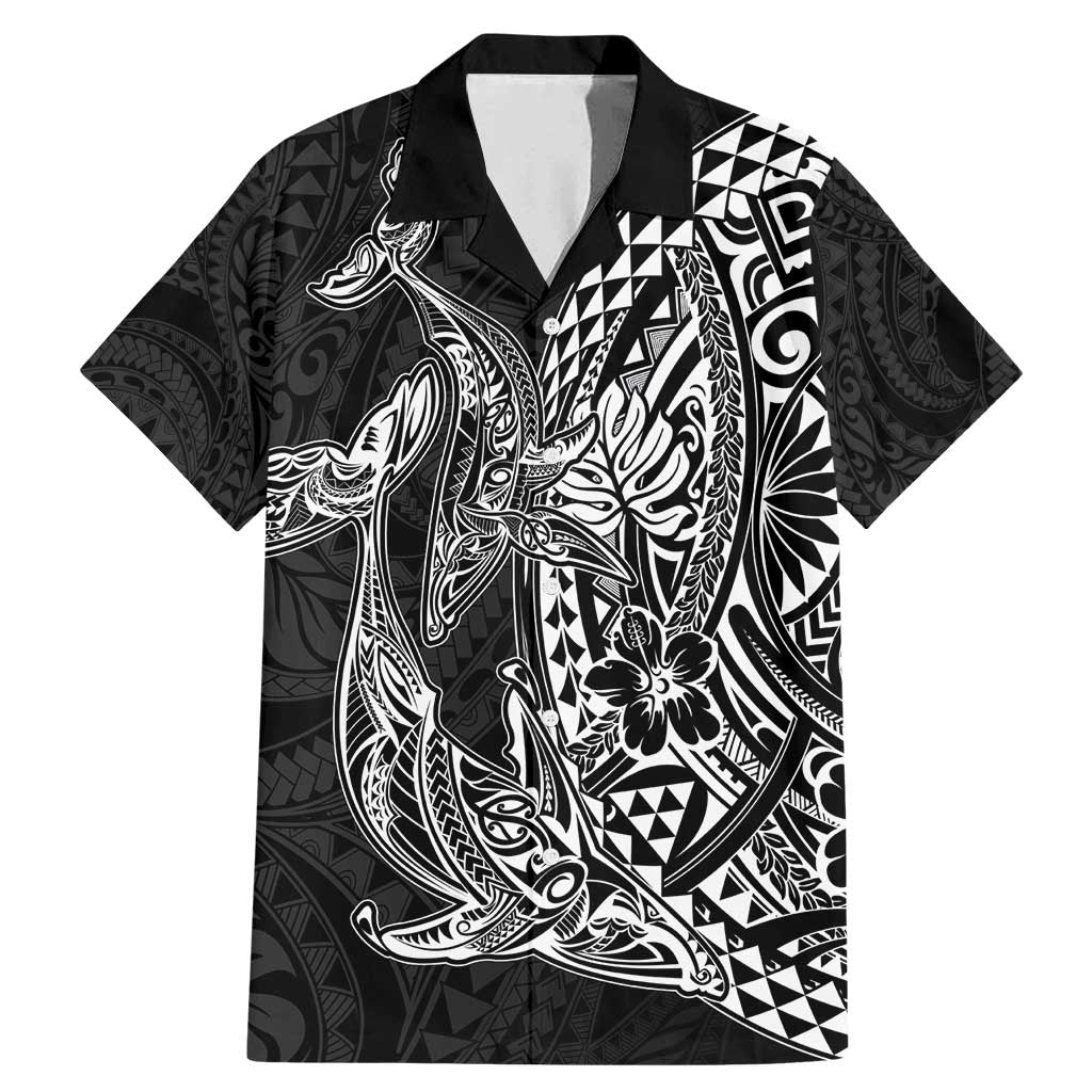 Hawaiian Whales Polynesian Art Motifs Family Matching Mermaid Dress and Hawaiian Shirt Black Color LT03 Dad's Shirt - Short Sleeve Black - Polynesian Pride