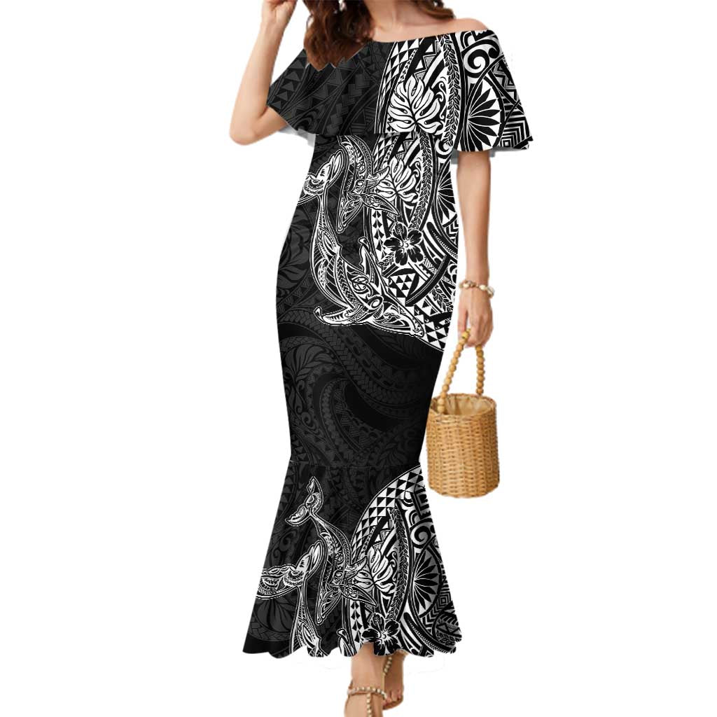 Hawaiian Whales Polynesian Art Motifs Family Matching Mermaid Dress and Hawaiian Shirt Black Color LT03 Mom's Dress Black - Polynesian Pride