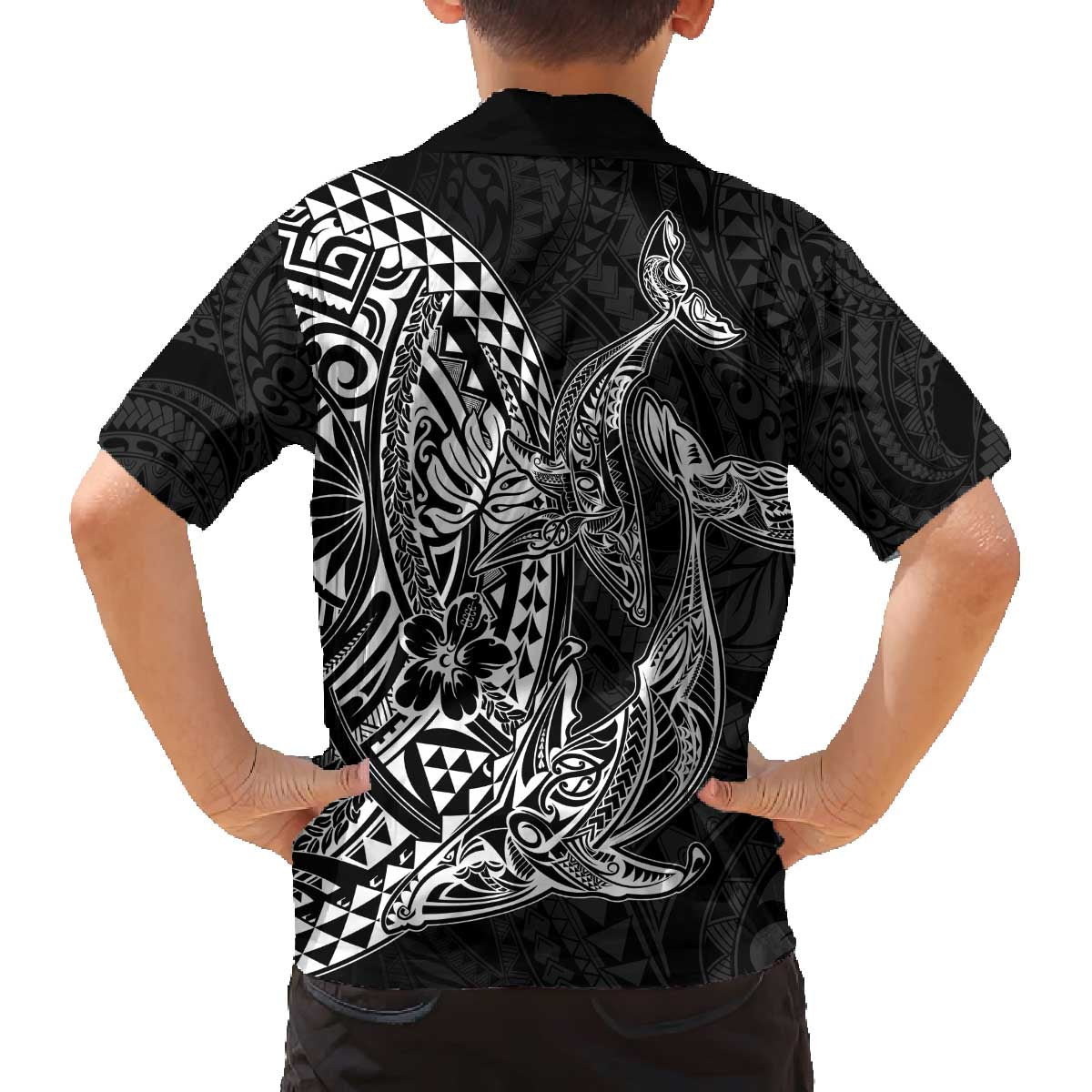 Hawaiian Whales Polynesian Art Motifs Family Matching Off The Shoulder Long Sleeve Dress and Hawaiian Shirt Black Color LT03 - Polynesian Pride
