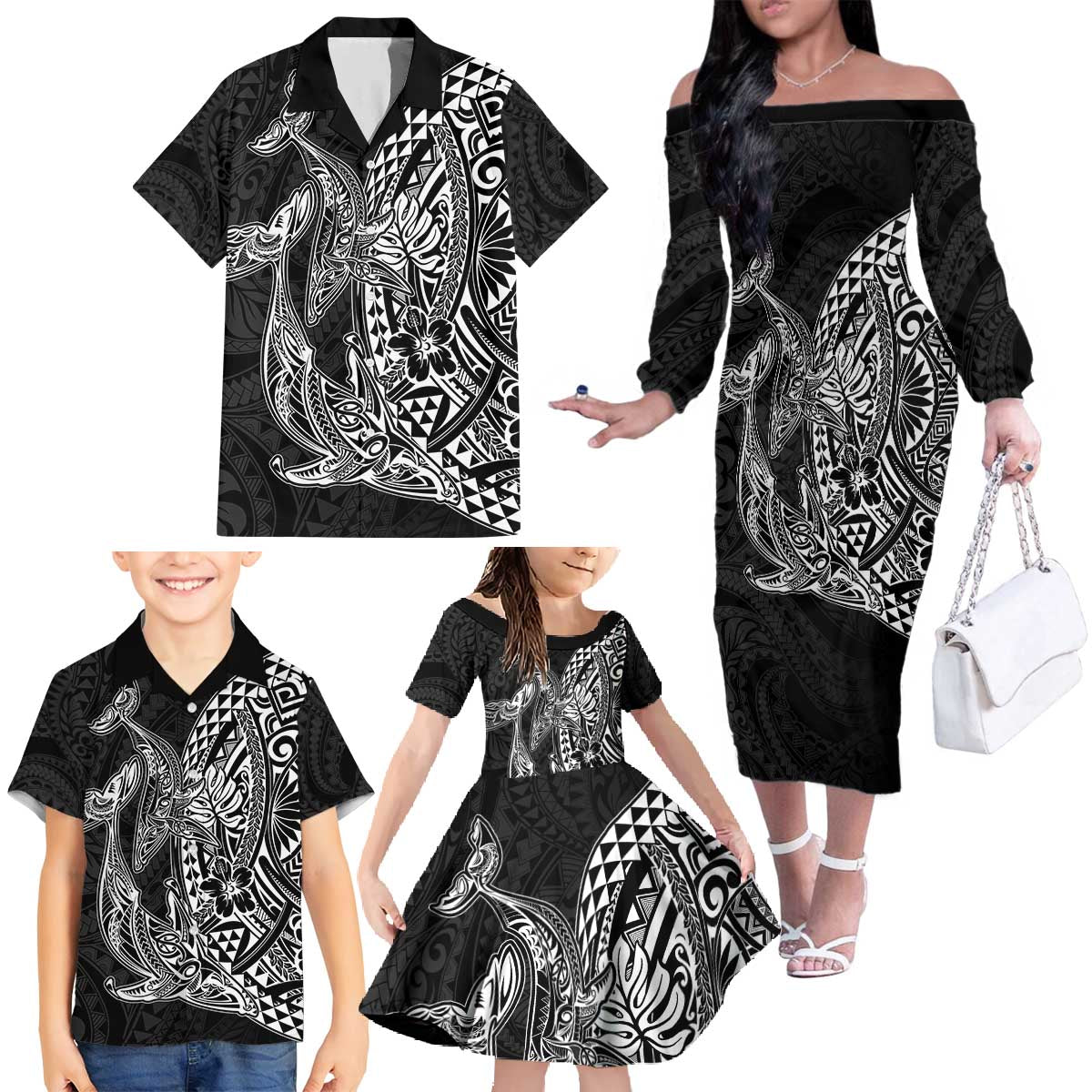 Hawaiian Whales Polynesian Art Motifs Family Matching Off The Shoulder Long Sleeve Dress and Hawaiian Shirt Black Color LT03 - Polynesian Pride