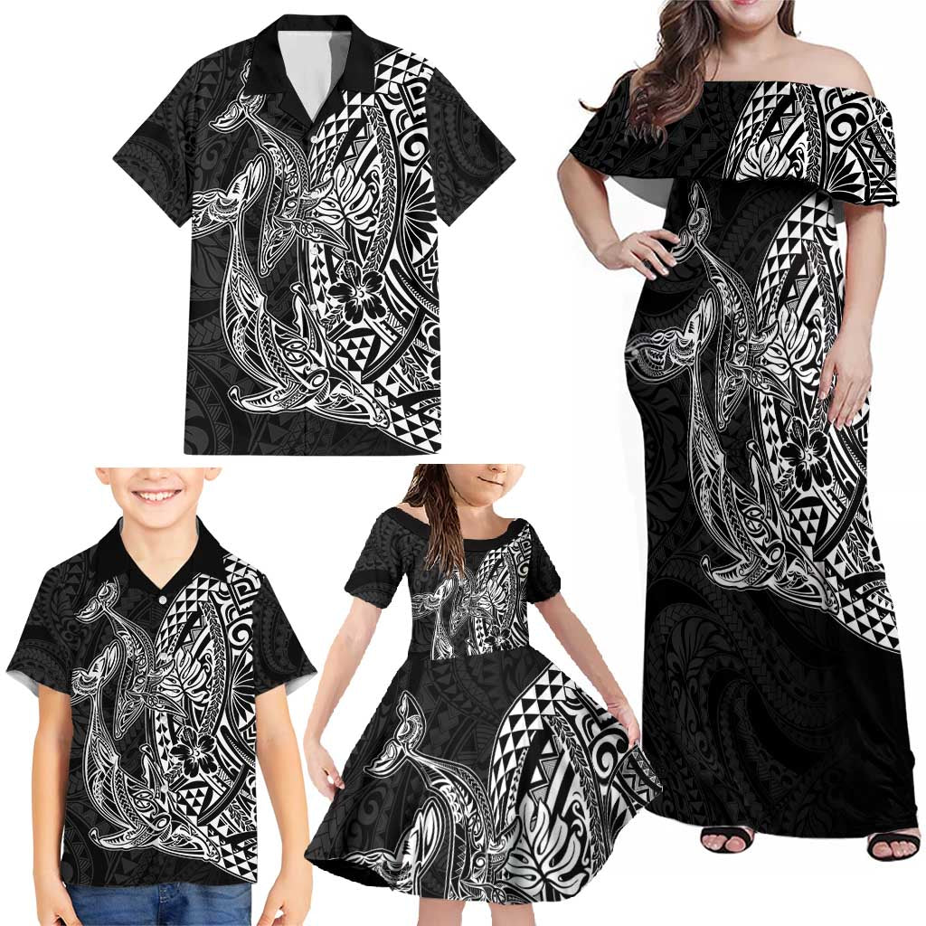 Hawaiian Whales Polynesian Art Motifs Family Matching Off Shoulder Maxi Dress and Hawaiian Shirt Black Color LT03 - Polynesian Pride