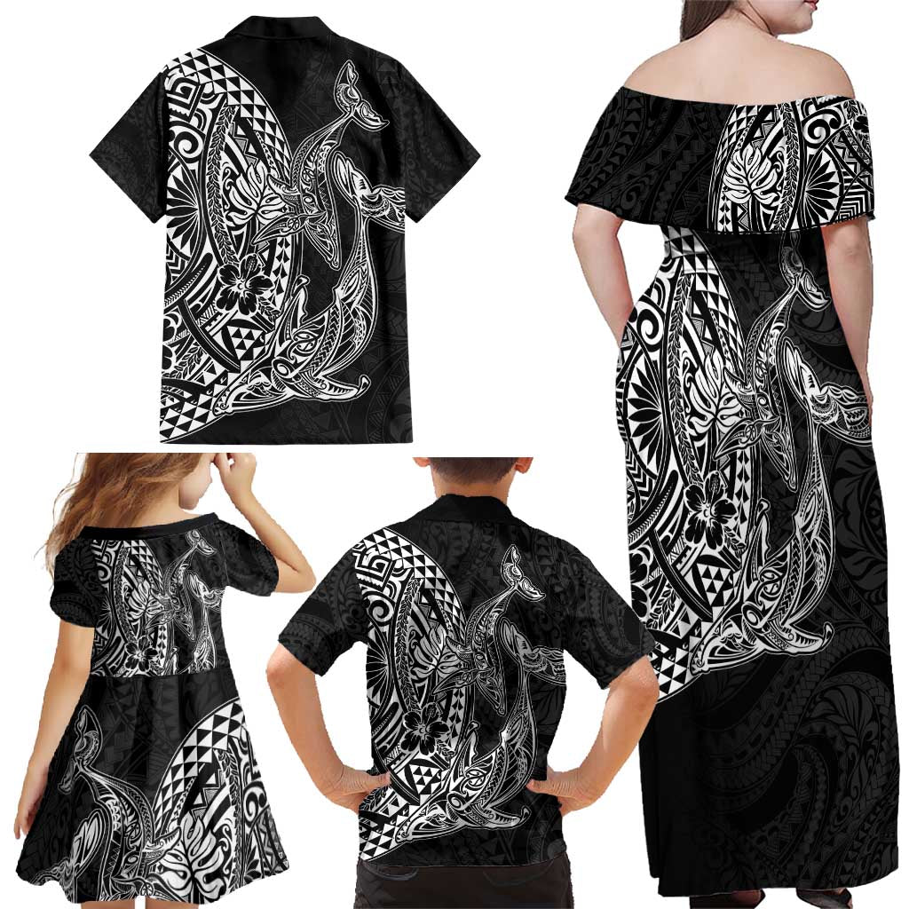 Hawaiian Whales Polynesian Art Motifs Family Matching Off Shoulder Maxi Dress and Hawaiian Shirt Black Color LT03 - Polynesian Pride