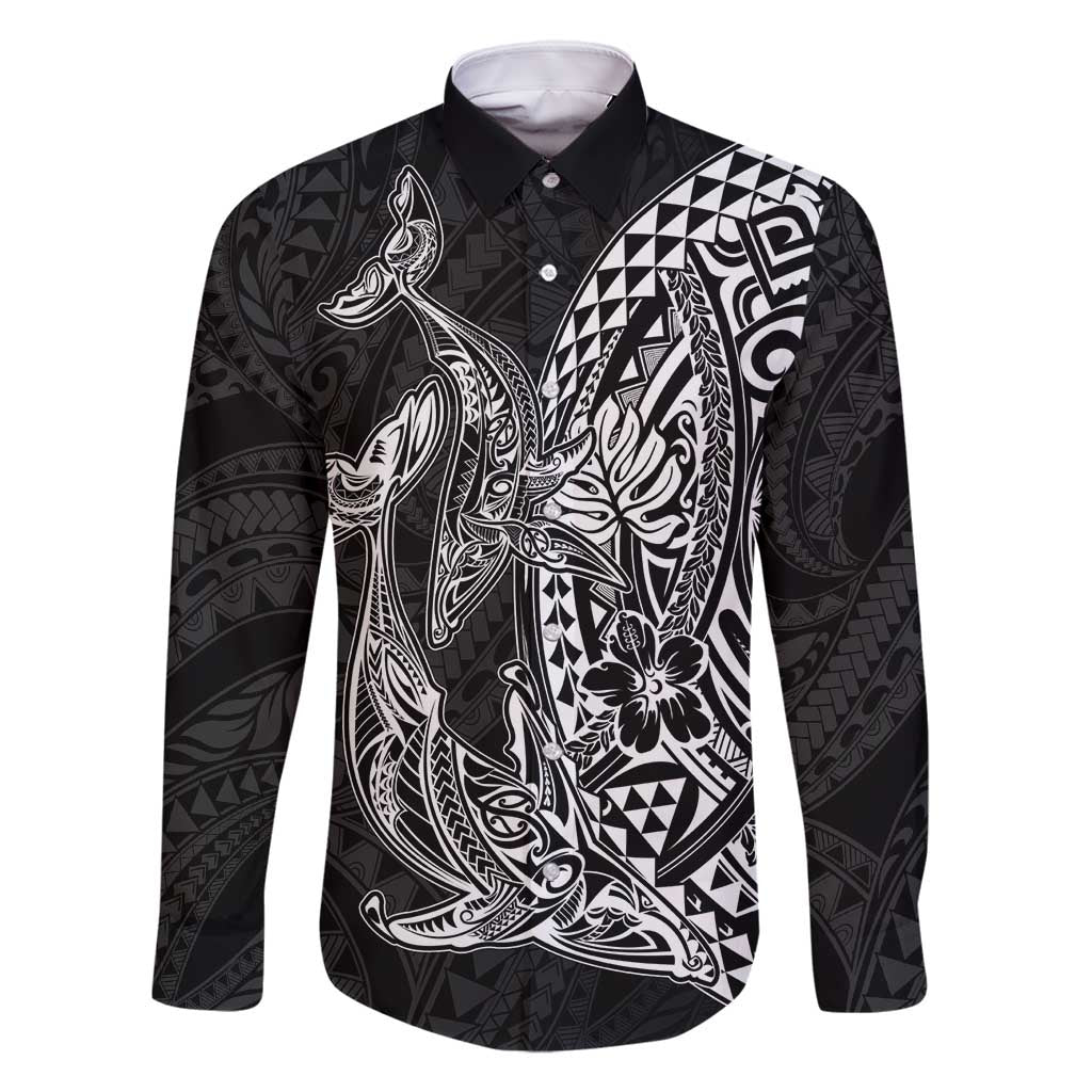 Hawaiian Whales Polynesian Art Motifs Family Matching Off Shoulder Maxi Dress and Hawaiian Shirt Black Color LT03 Dad's Shirt - Long Sleeve Black - Polynesian Pride