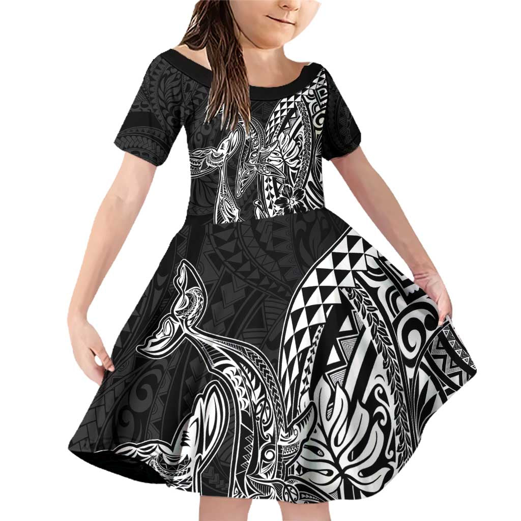 Hawaiian Whales Polynesian Art Motifs Family Matching Off Shoulder Short Dress and Hawaiian Shirt Black Color LT03 Daughter's Dress Black - Polynesian Pride