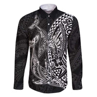 Hawaiian Whales Polynesian Art Motifs Family Matching Off Shoulder Short Dress and Hawaiian Shirt Black Color LT03 Dad's Shirt - Long Sleeve Black - Polynesian Pride
