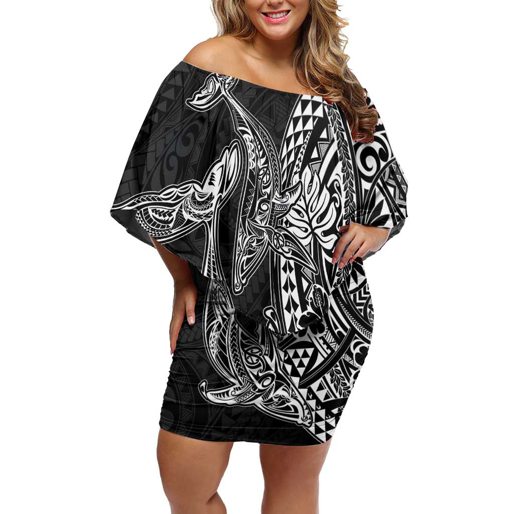 Hawaiian Whales Polynesian Art Motifs Family Matching Off Shoulder Short Dress and Hawaiian Shirt Black Color LT03 Mom's Dress Black - Polynesian Pride