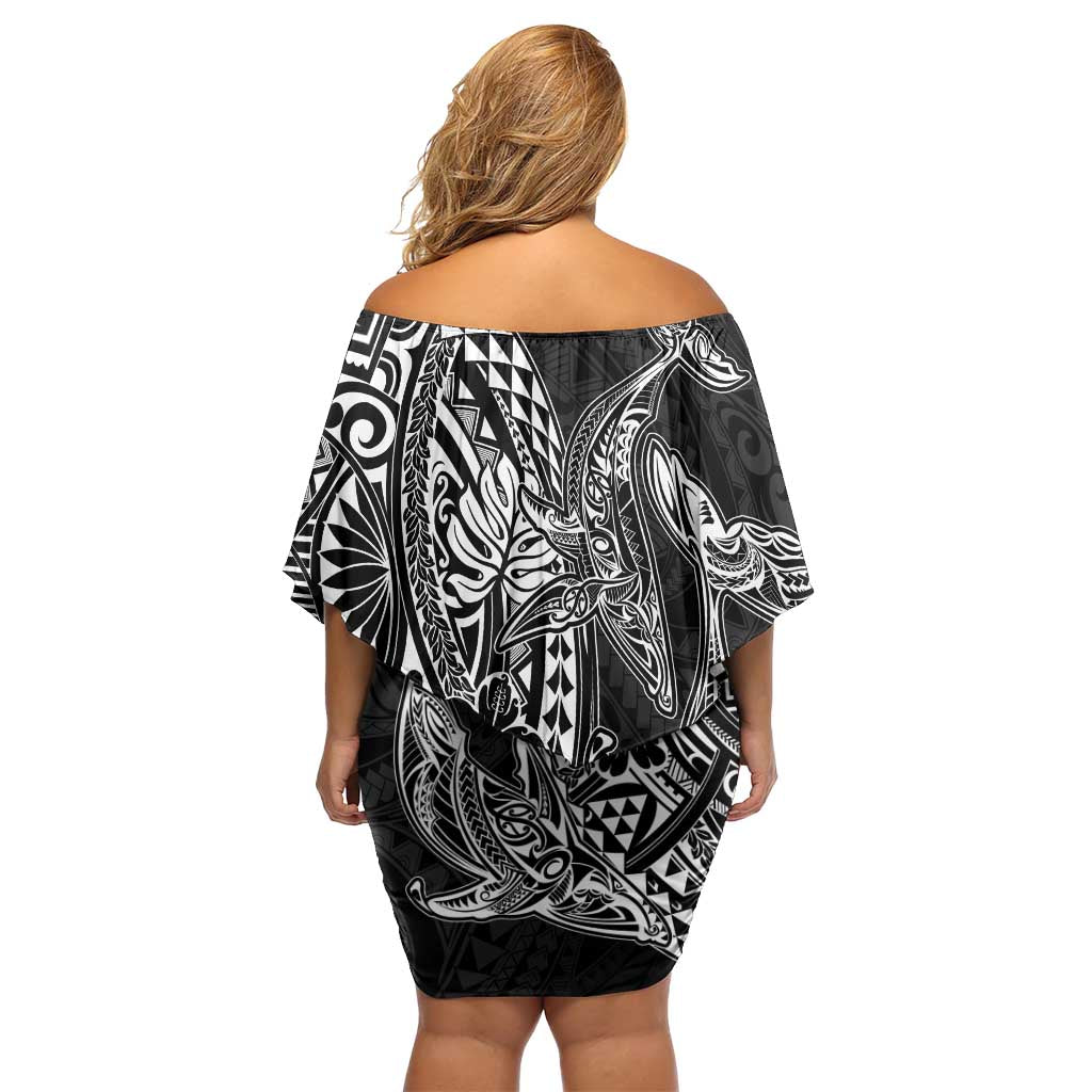 Hawaiian Whales Polynesian Art Motifs Family Matching Off Shoulder Short Dress and Hawaiian Shirt Black Color LT03 - Polynesian Pride