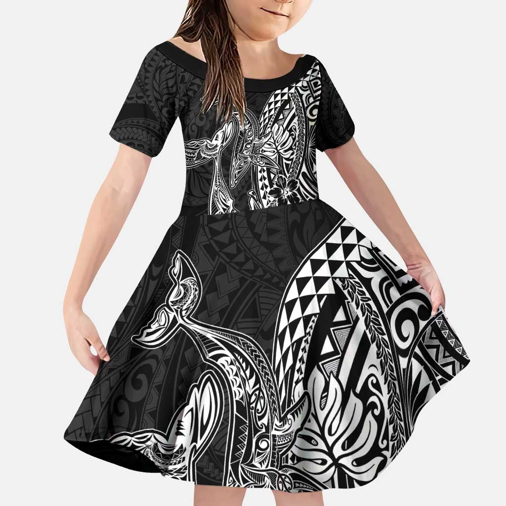 Hawaiian Whales Polynesian Art Motifs Family Matching Puletasi and Hawaiian Shirt Black Color LT03 Daughter's Dress Black - Polynesian Pride