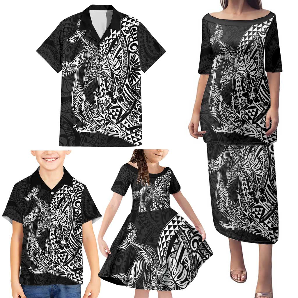 Hawaiian Whales Polynesian Art Motifs Family Matching Puletasi and Hawaiian Shirt Black Color - Polynesian Pride