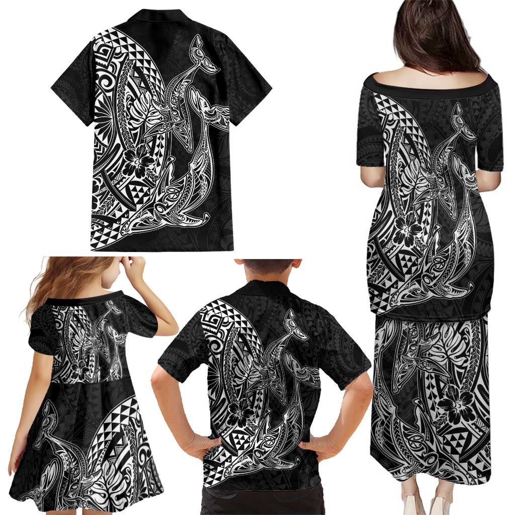 Hawaiian Whales Polynesian Art Motifs Family Matching Puletasi and Hawaiian Shirt Black Color LT03 - Polynesian Pride