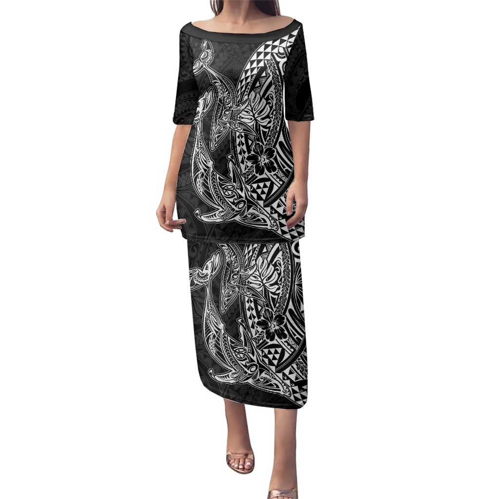 Hawaiian Whales Polynesian Art Motifs Family Matching Puletasi and Hawaiian Shirt Black Color LT03 Mom's Dress Black - Polynesian Pride