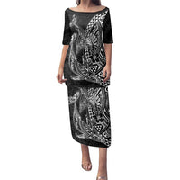 Hawaiian Whales Polynesian Art Motifs Family Matching Puletasi and Hawaiian Shirt Black Color LT03 Mom's Dress Black - Polynesian Pride