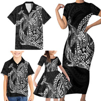 Hawaiian Whales Polynesian Art Motifs Family Matching Short Sleeve Bodycon Dress and Hawaiian Shirt Black Color LT03 - Polynesian Pride