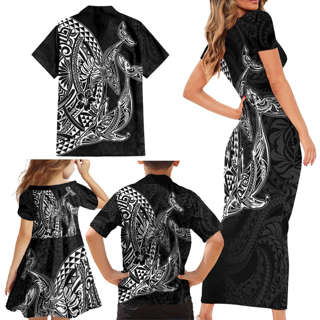 Hawaiian Whales Polynesian Art Motifs Family Matching Short Sleeve Bodycon Dress and Hawaiian Shirt Black Color LT03 - Polynesian Pride