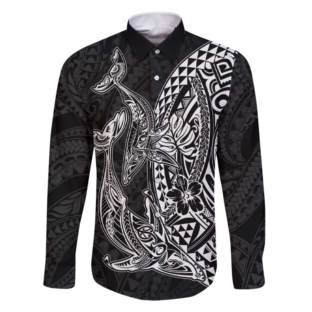 Hawaiian Whales Polynesian Art Motifs Family Matching Short Sleeve Bodycon Dress and Hawaiian Shirt Black Color LT03 Dad's Shirt - Long Sleeve Black - Polynesian Pride