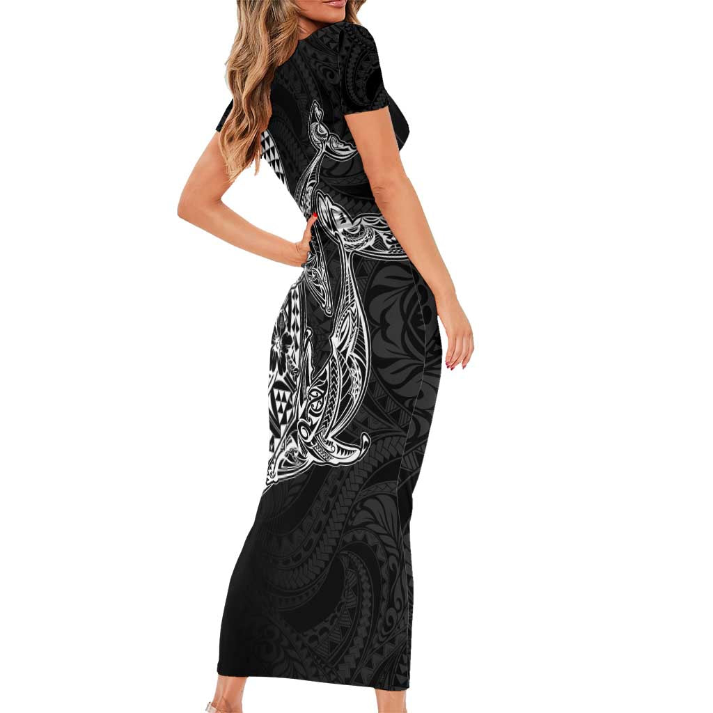 Hawaiian Whales Polynesian Art Motifs Family Matching Short Sleeve Bodycon Dress and Hawaiian Shirt Black Color LT03 - Polynesian Pride