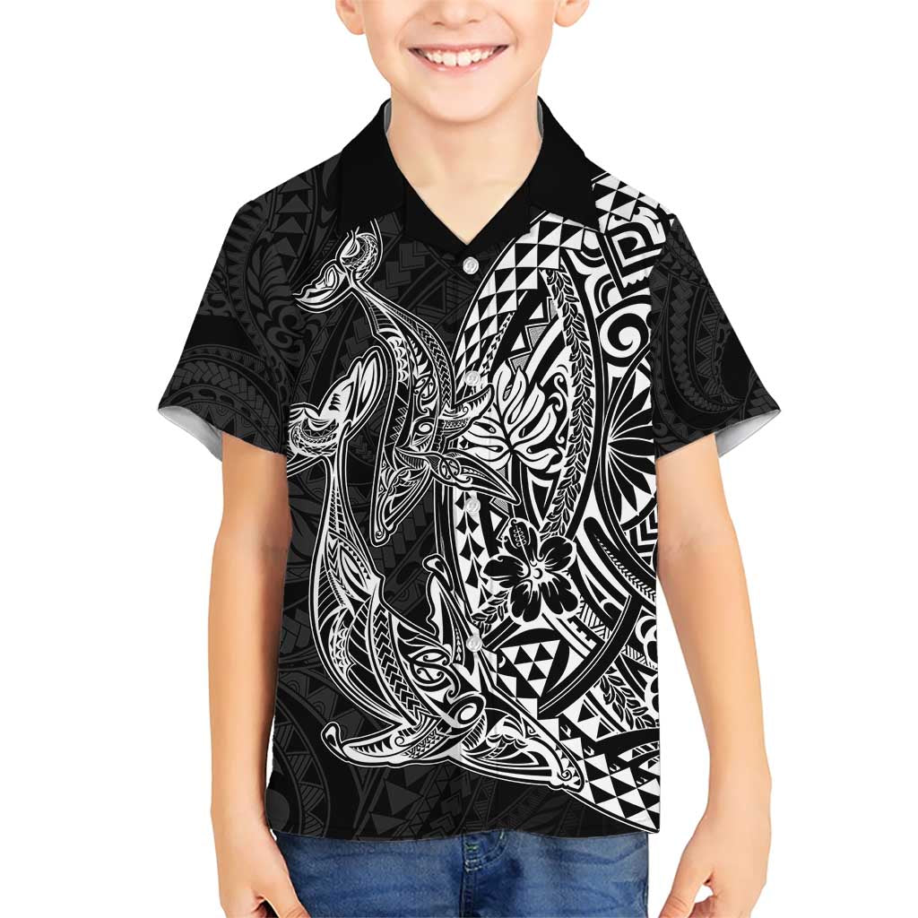 Hawaiian Whales Polynesian Art Motifs Family Matching Short Sleeve Bodycon Dress and Hawaiian Shirt Black Color LT03 Son's Shirt Black - Polynesian Pride