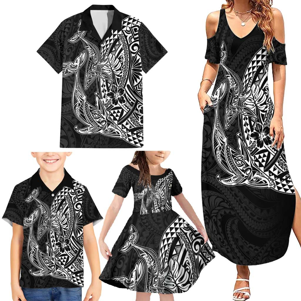 Hawaiian Whales Polynesian Art Motifs Family Matching Summer Maxi Dress and Hawaiian Shirt Black Color LT03 - Polynesian Pride