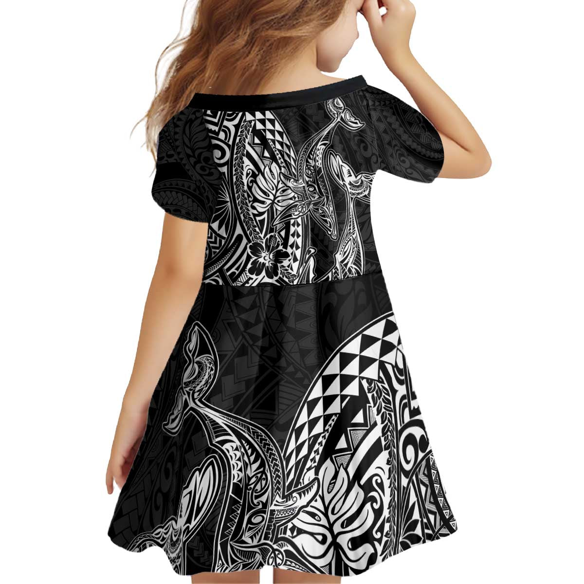 Hawaiian Whales Polynesian Art Motifs Kid Short Sleeve Dress Black Color - Polynesian Pride
