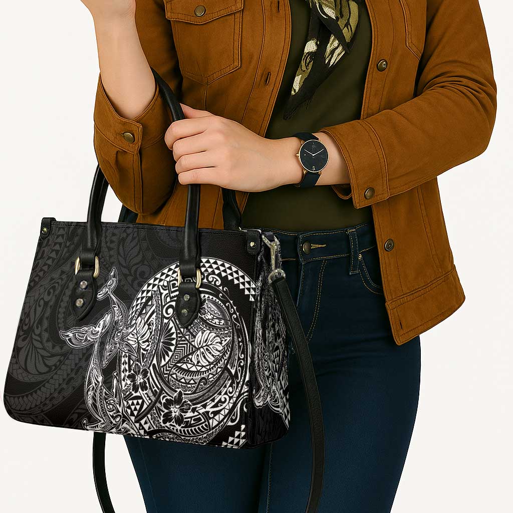 Hawaiian Whales Polynesian Art Motifs Leather Bag Black Color - Polynesian Pride