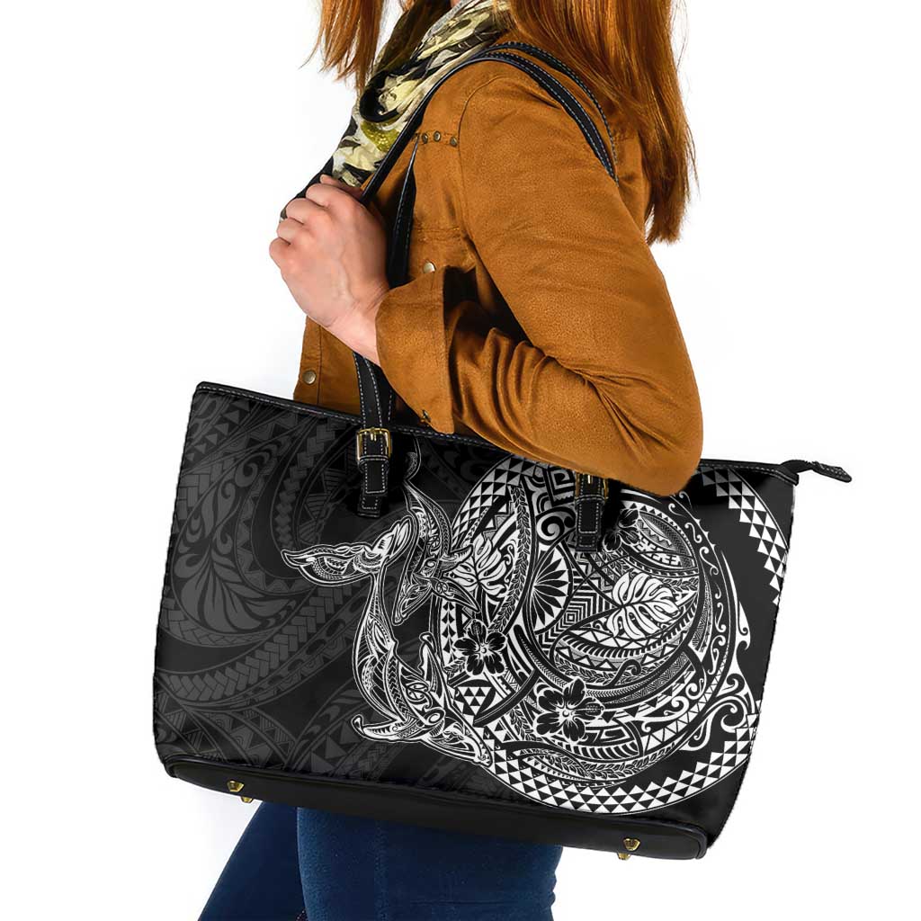 Hawaiian Whales Polynesian Art Motifs Leather Tote Bag Black Color - Polynesian Pride